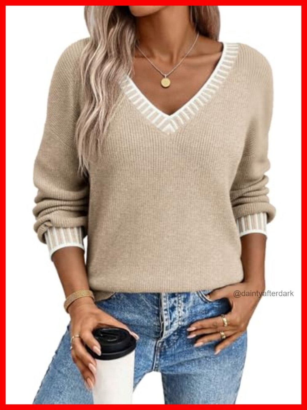 V-Neck Long Sleeve Chunky Cable Knit Pullover Sweater Loose Fit